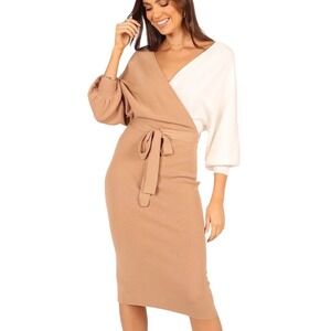 Sweater Dress Womens 4 Tan Cream Colorblock Midi Tie Waist Elegant Modern Chic